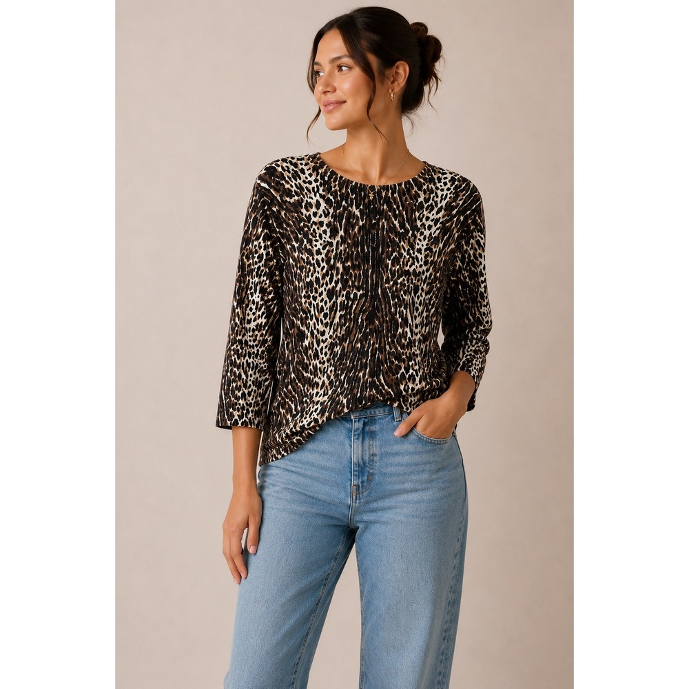 J.Crew Women Sweater M Brown Leopard Print Tippi 100% Merino Wool 3/4 Sleeve